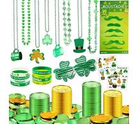 ACHLIGL 75 Pcs St. Patricks Day Party Favors Set, Include Shamrock Glasses Necklaces Irish Green Gold Coins Mustaches Tattoos St. Patrick's Day Accessories Decorations Supplies