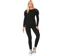 ACHOMO® Women’s 2 Pc Frill Shoulder Gold Button Shirt and Plain Bottom Trouser Loungewear Suit Ladies Ribbed Long Sleeve Top Legging Tracksuit Set (Black, 10-12)