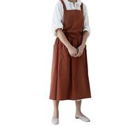 Achsoo Cotton Solid Color Pinafore with Pockets Cross Back Straps Casual Bib Aprons Cooking Gardening Coffee Shop (Dark Red)