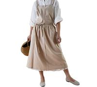 Achsoo Cotton Solid Color Pinafore with Pockets Cross Back Straps Casual Bib Aprons Cooking Gardening Coffee Shop (Beige-B)