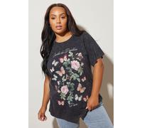 Yours Curve Acid Wash Floral Slogan T-Shirt - Women's - Plus Size Curve Grey