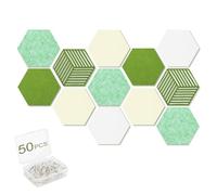 Acidea 12Pcs Hexagon Felt Cork Boards for Walls, Green Self-Adhesive DIY Bulletin Board Titles Vision Board with 50 Push Pins,Pin Board for Office School Home Wall Decor Stickers Photos Display Memos
