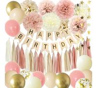 Acidea Boho Happy Birthday Decoration for Girls Women, Retro Pink Dusty Rose Blush Nude Tan Party Decorations, Balloons Garland Kit Happy Birthday Banner Baby Shower Backdrop Supplies