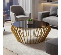Orsina Spacious Gold Round Coffee Table With Black Glass, Modern Gold Finished Table, Luxurious Black Coffee Table