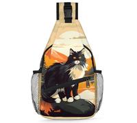 Ackutea Cross Chest Bag Diagonally For Women Men, Long-haired Cat On The Stone In The Lake At Sunset Crossbody Bags For Travel Hiking Daypack