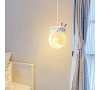 ACLBLK Cute Bear Pendant Light with 3D Printing Moon Globe Cartoon Sleeping Rabbit Chandelier Kids Planet Hanging Lamp Children Room 3 Light Pendant Light for Boy Girls Bedroom Bedside, 3000K