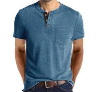 ACLCSHM Casual Shirts for Men Adult, Summer Men Henry Shirts Soft Breathable Buttons Golf Top with Pocket Lightweight Regular Fit Short Sleeve Vintage Casual Holiday Beach Clothes Denim Blue L