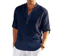 ACLCSHM Linen Shirts Menlinen Shirt Men's Long Sleeve Cotton Linen Henley Shirts Regular Fit Casual Beach Shirt with Pocket Button Down Sweatshirts Tops for Men, Multicolored Navy XL