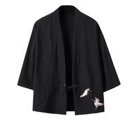 ACLCSHM Men Japanese Kimono Cardigan, Crane Embroidery Kimono Jackets Linen Lightweight Kimono Jacket Chinese Style Haori Jacket 3/4 Sleeve Open Front Coat Outwear Black Xs