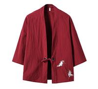 ACLCSHM Men's Kimono Jackets Cardigan, Crane Embroidery Kimono Cardigan Cotton Open Front Cardigan Coat Breathable Japanese Haori Coat Outwear for Women Men Red 3XL