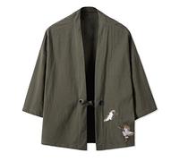 ACLCSHM Men's Kimono Jackets Cardigan, Crane Embroidery Kimono Cardigan Cotton Open Front Cardigan Coat Breathable Japanese Haori Coat Outwear for Women Men Green XL