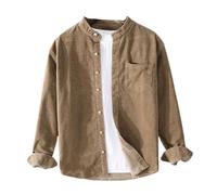 ACLCSHM Mens Long Sleeve Corduroy Shirts Button Down Cord Shirts Jacket with Pockets Soft Warm Grandad Collar Trucker Shirt Lapel Casual Jacket Autumn Coats Tops Khaki XXL