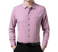 ACLCSHM Men's Long Sleeve Dress Shirts, Button Down Stripes Work Shirt with Pocket Light Breathable Business Casual Shirt Regular Fit Office Formal Shirt Jacket Top Pink Red M