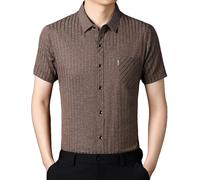 ACLCSHM Men's Short Sleeve Dress Shirt, Trendy Stripes Casual Work Shirts Slim Fit Lapel Business Shirt with Pocket Summer Breathable Button Down Shirt Jacket Khaki Xs
