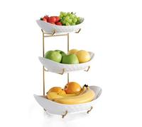 Acliys Fruit Bowl, 3 Tier Ceramic Fruit Basket, Serving Stand Serving Bowl with Metal Rack, Porcelain Kitchen Bowls for Fruit Vegetable Storage Snack Nuts Dessert Cake Tray for Party Wedding(Gold)