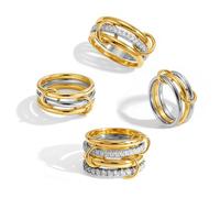 ACLOKOO Set of 4 Interlocking Stackable Rings for Women - 14K Gold Plated Statement 4 Mixed Metal Multiple Rings Pile - Cubic Zirconia Two Tone Connected Bands Stacking Jewelry, 6, Copper, No Gemstone