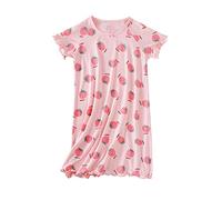 ACMEDE Girls Nightdress Lovely Strawberry Princess Nighties Dress Ruffle Short Sleeve Sleep Gown Comfy Modal Sleepwear Nightgowns Cartoon Fruit Soft Nightdress for Girls 2-9 Years (8-9 Years, 150)