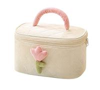 ACMEDE Make up Bag Portable Travel Cosmetic Case 3D Tulip Flower Makeup Organizer Toiletry Bag Corduroy Makeup Bag for Women Girls Beauty Zipper Makeup Bag Large Capacity Cosmetic Bag (Beige)