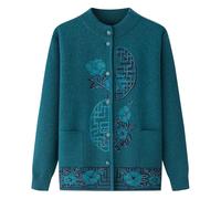 ACMEDE Middle-Aged and Elderly Knitted Cardigan Grandma Spring Autumn Sweater,Women's Embroidered Coat Middle-Aged Elderly Mother Knitted Jacket,Classic Comfortable Old Lady Knitwear Blue