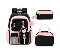 ACMEDE School Bag Girl Set 3 Pieces School Backpack with Lunch Bag, Pencil Case and Mini Pouch Heart Bag School Bag Lightweight Waterproof Girls for CE1 CE2 CM1 CM1 College, Black + Pink, 3er packs