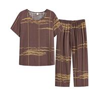 ACMEDE Women Summer Pyjamas Sets, Ladies Plus Size Striped Poplin Sleep Homewear Set Sleepwear Crewneck Short Sleeve Top with Capri Pants for Women Cozy Thin Loungewear Pajamas 2 Piece Set