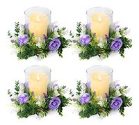 Acmee 4 Pcs Purple Rose Candle Rings - Artificial Floral Wreaths with Eucalyptus Leaves Greenery Flower Wreaths for Pillar Farmhouse Wedding Centerpiece Party Home Decor