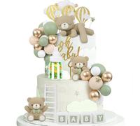 Acmee 44 PCS Green Bear Cake Toppers - Mini 3D Bear BABY Letters Milk Bottle Green Gold Foam Balls Cake Toppers for Boy Girl Birthday Party Baby Shower Cake Decorations