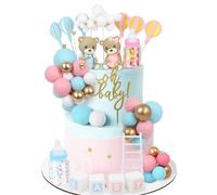 Acmee 47 PCS Bear Cake Toppers - Mini 3D Bear BABY Letters Milk Bottle Blue Pink Gold Foam Balls Cake Toppers for Gender Reveal Baby Shower Party Cake Decorations