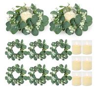 ACMEE Eucalyptus Candle Rings with Flameless Candles Sets - 6 Set of Artificial Eucalyptus Greenery Table Centerpiece Wreaths 3 Inch Pillar Candleholders for Wedding Baby Shower Party Decor(6 Set)