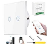 Acmerota 2 Gang 1 Way Touch Light Switch with WiFi Smart DIY Breaker Module Kits, 5-300W 240V AC Tempered Glass Panel Light Switches with LED Indicator, Changing From Normal Switch to Smart Switch