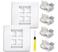 Acmerota Socket Ethernet Faceplate 4-Port CAT6 RJ45 Socket Wall Plate Quad Ethernet Wall Scoket Cable Networking Box, with Tool-Free Network Connector Module