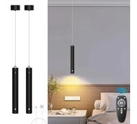 ACMHNC Battery Pendant Light, 2 x LED Pendant Lamp with Battery 4500 mAh, Dimmable with Remote Control, Timer 1/2/4/6H, 5 W Pendant Light Black for Bedroom, Dining Table, Diameter 4 x 30 cm