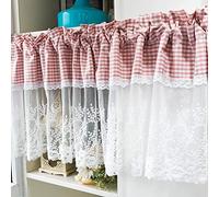 ACMHNC Cafe Kitchen Curtain Country Style Romantic Lace Embroidery and Cotton Checkered Valance Short Curtain Vintage Bistro Curtain 1 Piece (200cm x 40cm /79"*16")