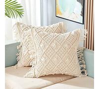 ACN Kohinoor | Macrame Cushion Cover 16 x 16 inch Handmade Soft Boho Cotton Pillow Case for Sofa Set Bed Living Room Bedroom in Premium Canvas Fabric with Back Zipper, Off-White, 1-Piece