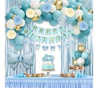 AcnA Blue Birthday Decorations Balloon Arch Garland Kit | Happy Birthday Banner, Tassel Curtains, Bow Balloons, Pompoms & Cake Topper | Party Supplies for Men, Women, Boys & Girls