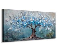 Acocifi Blue Flowers Tree Canvas Wall Art Handmade Textured Painting 40"x20", Nature Tree of Life Landscape PIcture, Artwork Large Framed for Living Room Bedroom Home Office Wall Decor