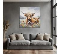 Acocifi Highland Cow Bathroom Wall Art Rustic Farmhouse Picture Animal Canvas Print Painting, Daisy Flower Bush Landscape Artwork Framed for Bedroom Living Room Kitchen Office Home Decor 14"x14"