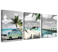 Acocifi Ocean Canvas Wall Art Seascape Mint Green Painting Beach Tropical Prints Bus Coast Planks Street Scene Palm Trees Decoration 30.5x40.6x40.6x3x3x40.6x3x3x3 cm