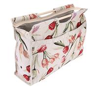 ACOGEDO Exquisite Wood Handle Fabric Storage Bag for Knitting Needles and Sewing Tools with Blue Flower Pattern and Convenient Zipper Closure (Rose Jacquard)