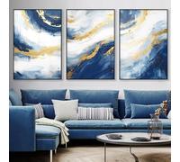 Acolabare Gold Foil Abstract Canvas Wall Art Blue and Gold Picture Navy and White Painting 16x24inx3