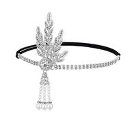 ACOLY Women's 1920s Roaring Flapper Headband - Adorned with Leaf Rhinestones & Pearl Tassel(Silver)