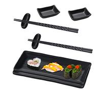 ACONDE Sushi Plate with Dip Bowls, Sushi Tableware with Sticks, Japanese Sushi Plates, Tableware Set with 2 Pairs of Chopsticks + 2 Chopstick Rests + 2 Plates + 2 Dip Plates, Black