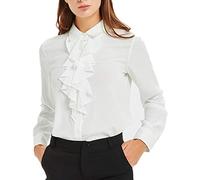 ACONIYA Womens Vintage Long/Short Sleeve Lotus Ruffled Casual Work Shirt Chiffon Blouse Basic Tops, White, M