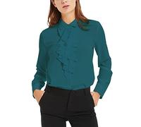 ACONIYA Womens Vintage Spring/Summer Long/Short Sleeve Lotus Ruffled Casual Work Shirt Chiffon Blouse Tops, Teal Blue, X-Large