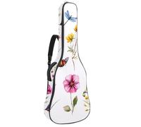 Acoustic Guitar Bag 1 cm Thick Padding, Waterproof Oxford Cloth Guitar Bag Backpack for 40-42 Inch Electric Bass Classical Guitars, Watercolor Wildflowers Butterfly Dragonfly Floral