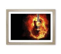 Acoustic Guitar in Flames Framed Print | A2 Oak Framed Wall Art | Ready to Hang | Modern Music Picture | Living Room Bedroom Lounge Office