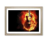 Acoustic Guitar In Flames Modern Art Framed Print | A2 Oak Framed Wall Art | Ready to Hang | Modern Music Picture | Living Room Bedroom Lounge Office
