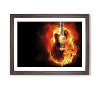 Acoustic Guitar In Flames Modern Art Framed Print | A4 Walnut Framed Wall Art | Ready to Hang | Modern Music Picture | Living Room Bedroom Lounge Office