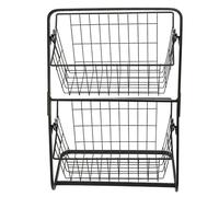 Acouto 2 Tier Fruit Basket 2 Tier Kitchen Fruit Organizer, Carbon Steel Vegetable Storage Basket with Hooks, Multi Space Saving Holder for Kitchen Countertop