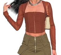 Acouto Hook Eye Top Long Sleeved Panel Mesh Square Neck Fashionable Slim Fit Hook Eye Blouse for Dating White M Mesh Which the Only Figure of Not Accentuates Women Design Is Panel (XL)